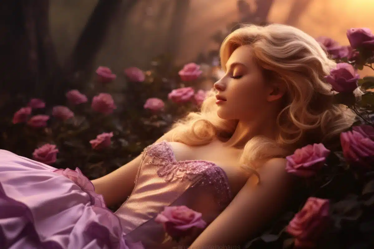 a sleeping beauty in an enchanted garden