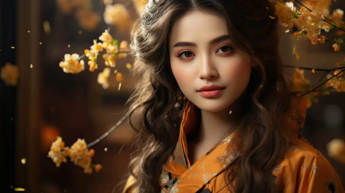 a beautiful young lady dressed in a pretty orange traditional dress and a blooming cherry blossom tree in spring