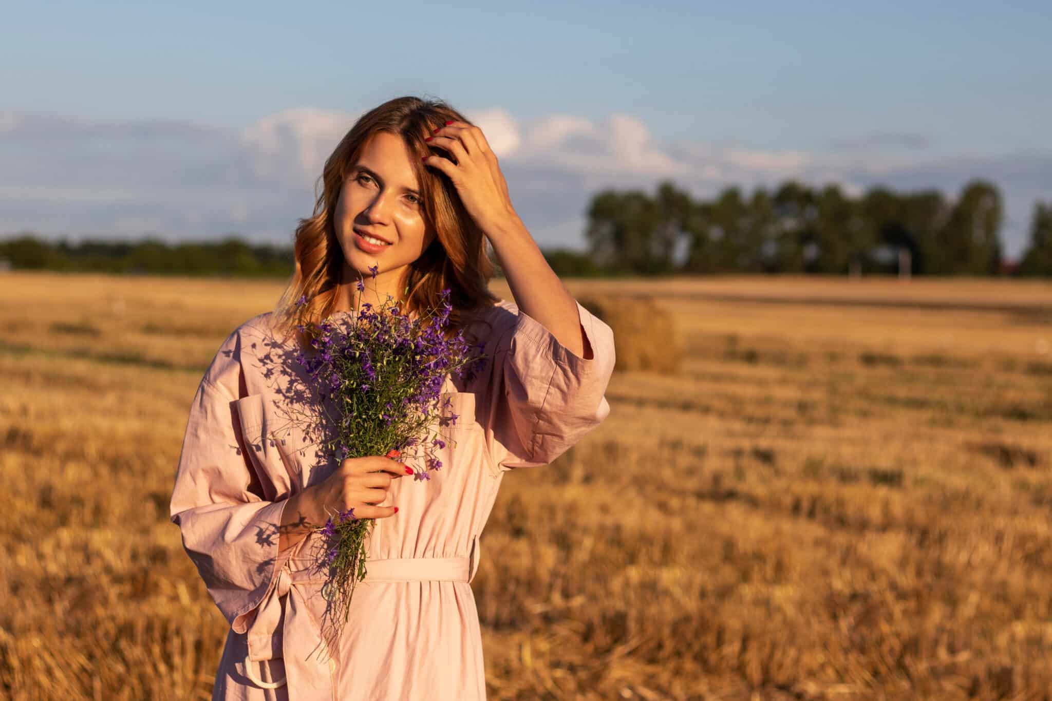 beautiful young woman in pink vintage dress with wildflowers in field.