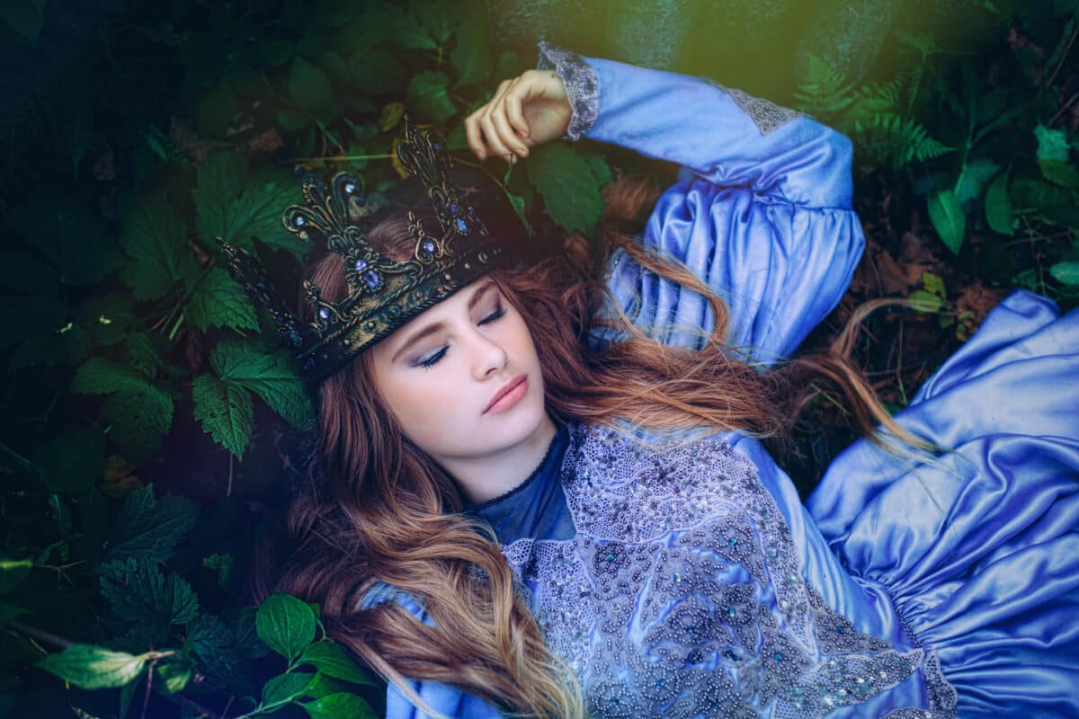 Princess in cornblue dress sleeping in the magic forest