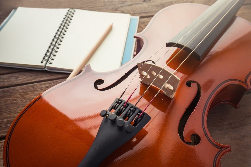 Violin and book with pen on wooden table