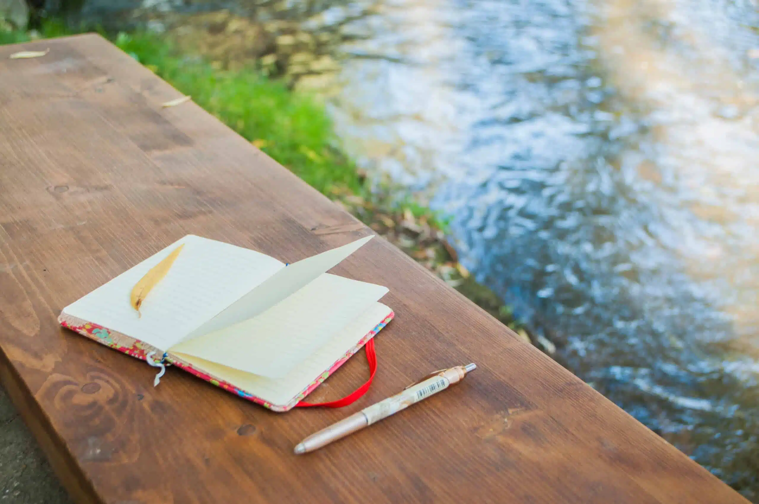 Notebook and pen along the river in the park.