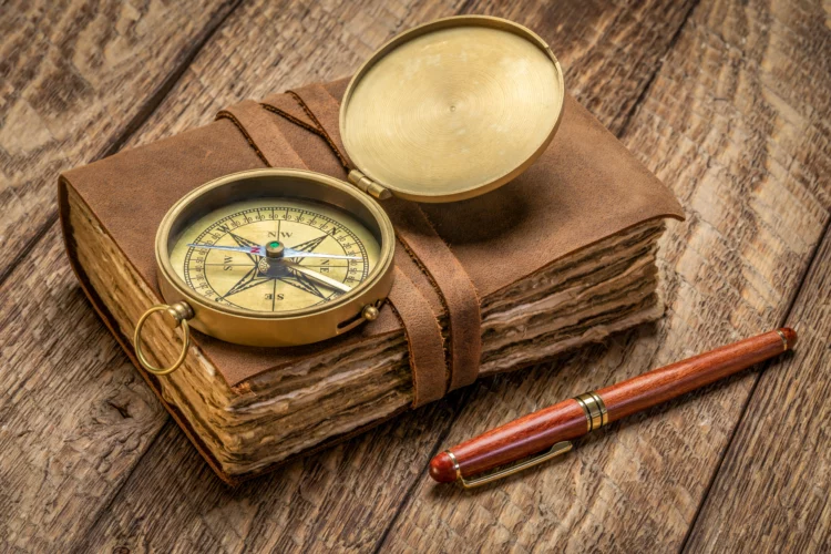 antique leather-bound journal with compass on rustic wood