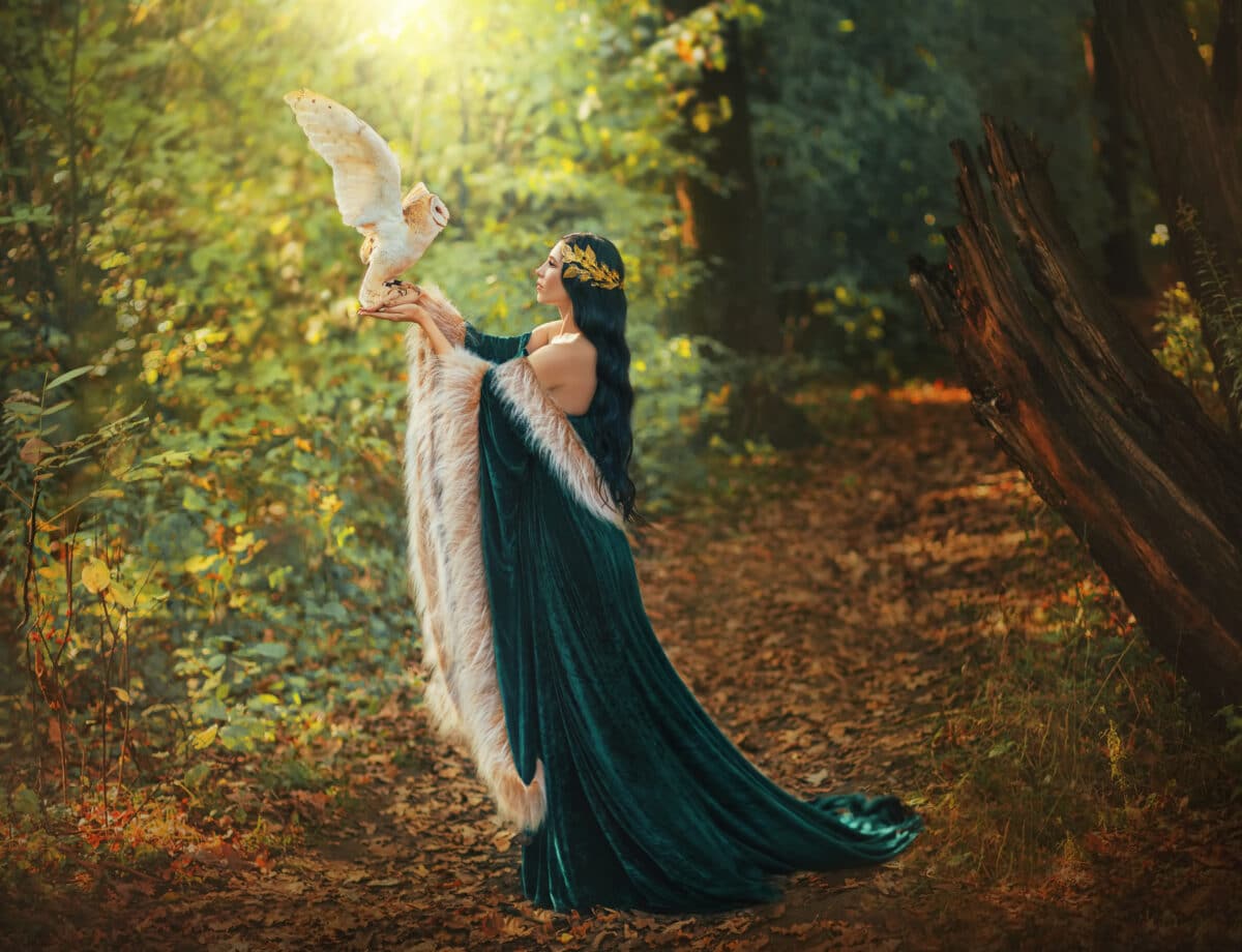 Art portrait Fantasy woman goddess, white bird owl barn owl sits on hand flapping wings. Autumn forest trees magical sun divine light. Green dress fur cape Greek style gold wreath crown. Girl sexy elf