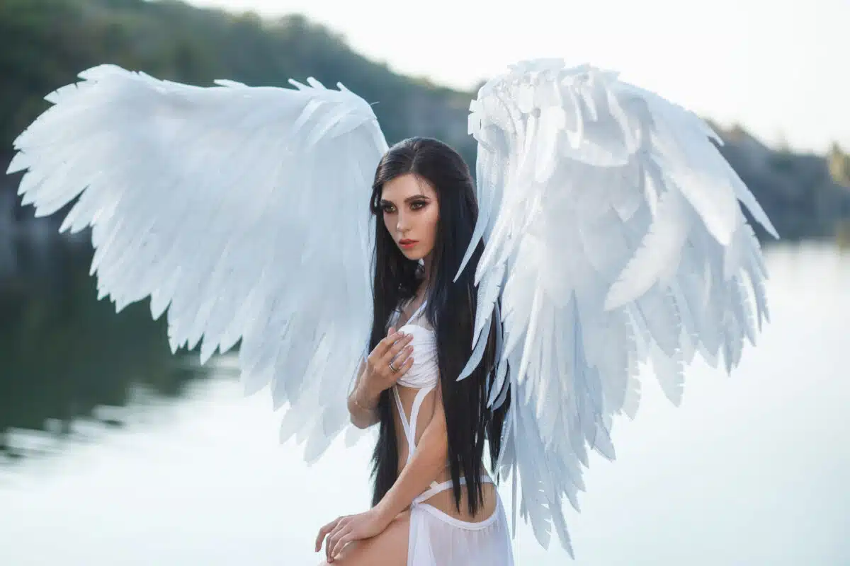 A beautiful white archangel descended from heaven. A girl in a s