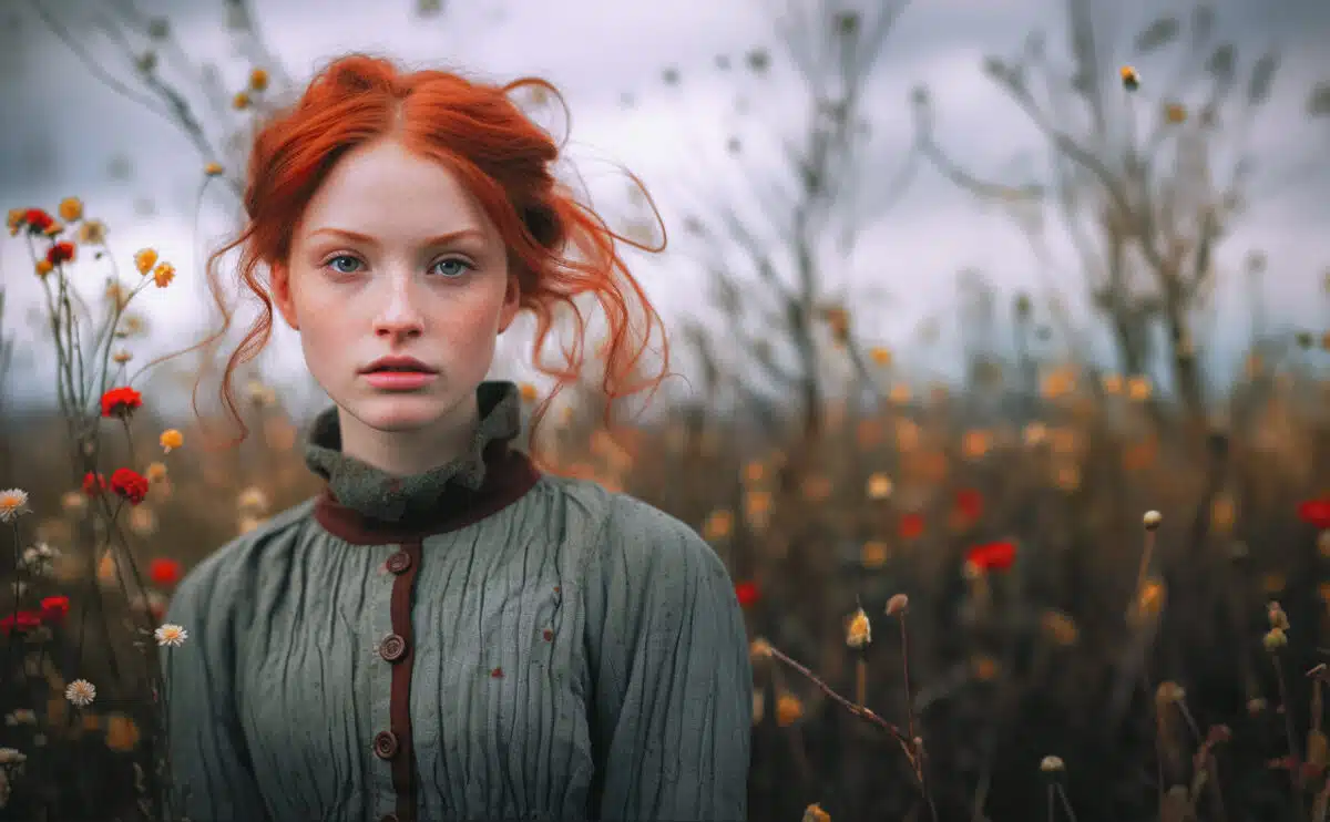 One person, young woman with long, red hair and freckles on her face, vintage style, standing in an outdoor setting, looking into camera,  close up, autumn field, wild flowers, stormy sky, copy speace