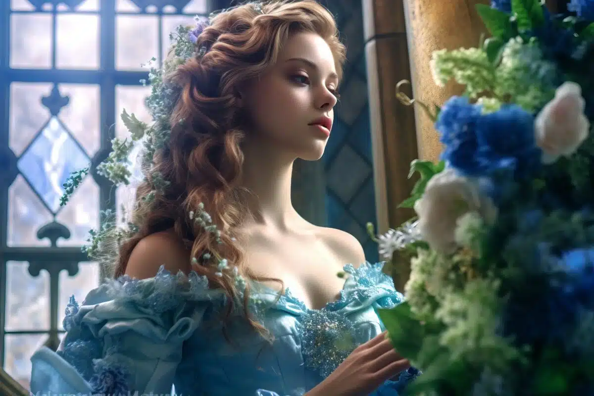 Story, side view of young woman in blue dress indoors with flowers. Beautiful illustration picture. Generative AI