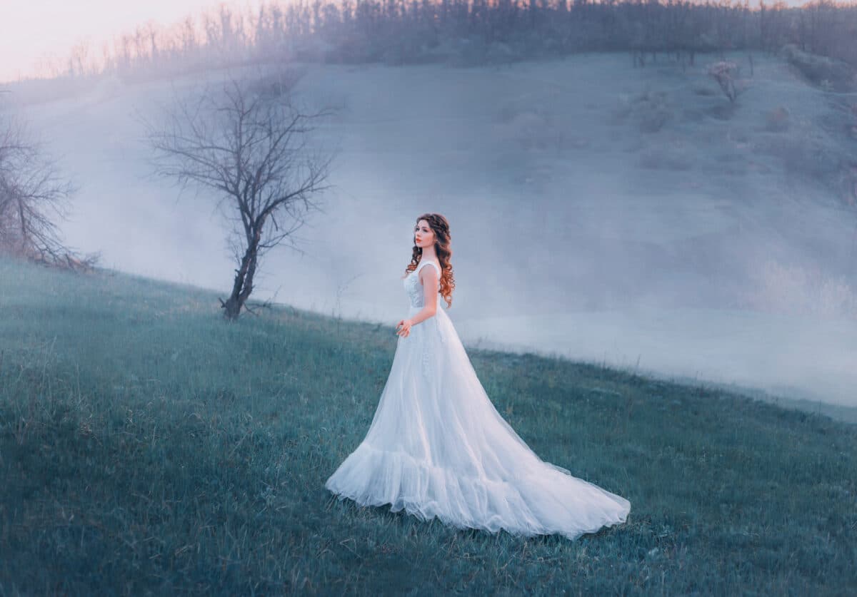 Young beautiful brunette woman lady walks in spring hills meadow in fog at spring dawn. Luxury elegant princess vintage wedding white dress. Art queen lady medieval clothes. autumn mystic cold nature