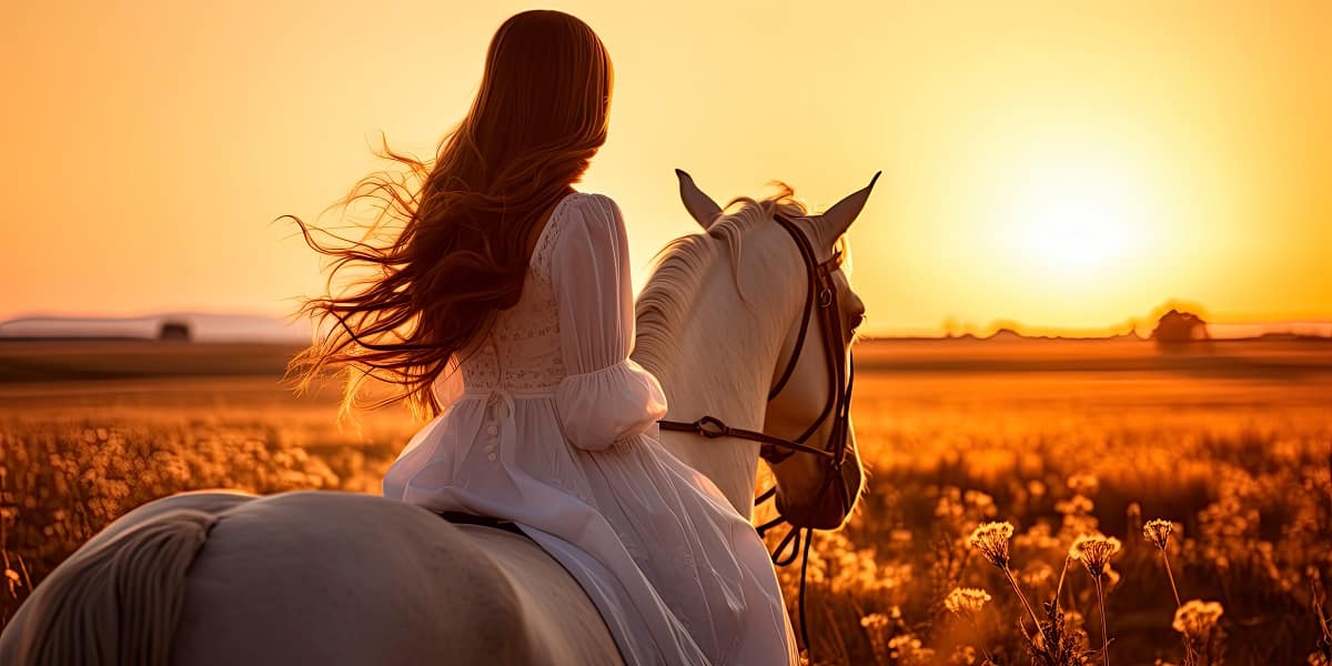 a lady on horse at sunset