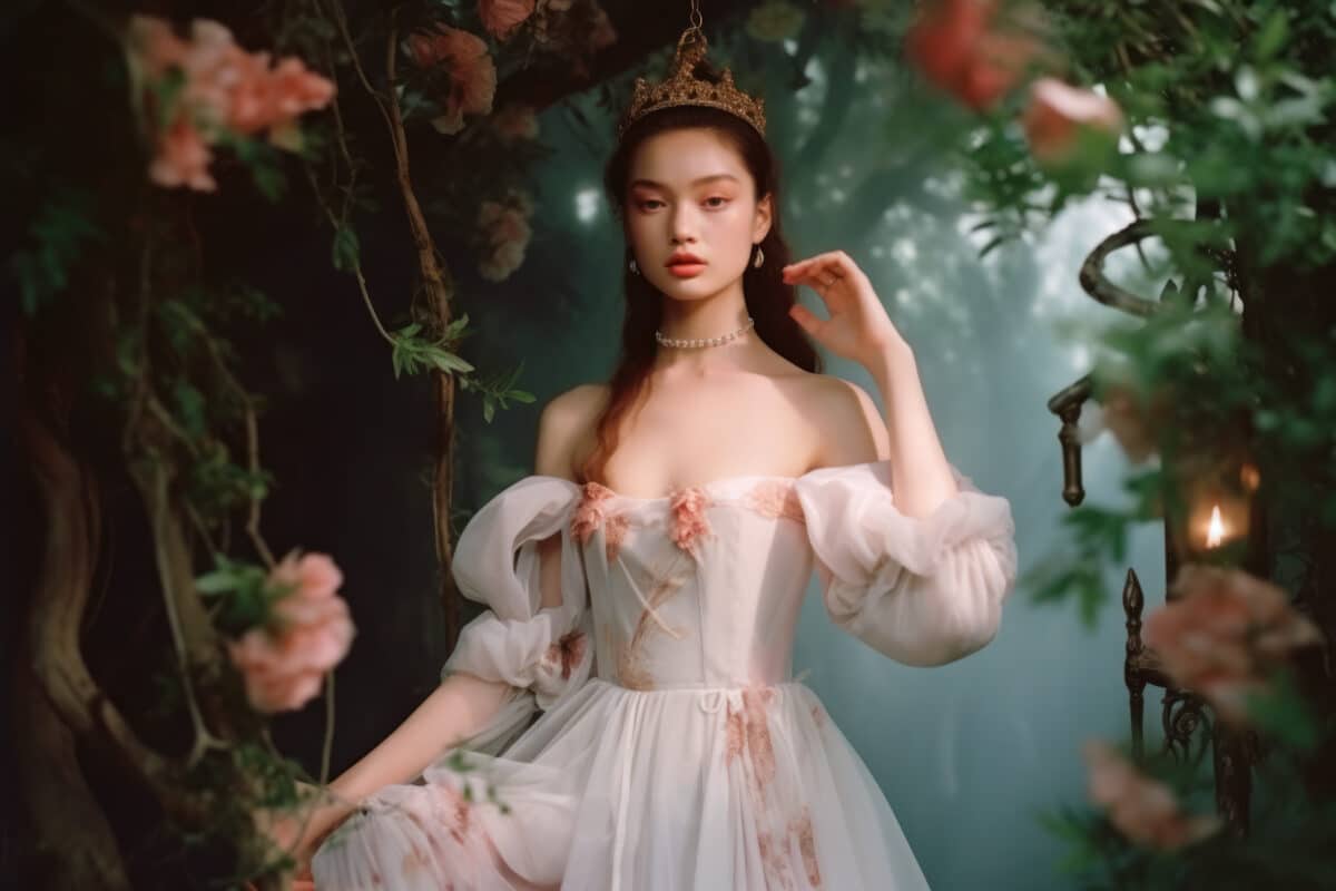 portrait of a woman/model/book character in a royal princess/fairy dress in floral setting in a fashion/beauty editorial magazine style film photography look  - generative ai art