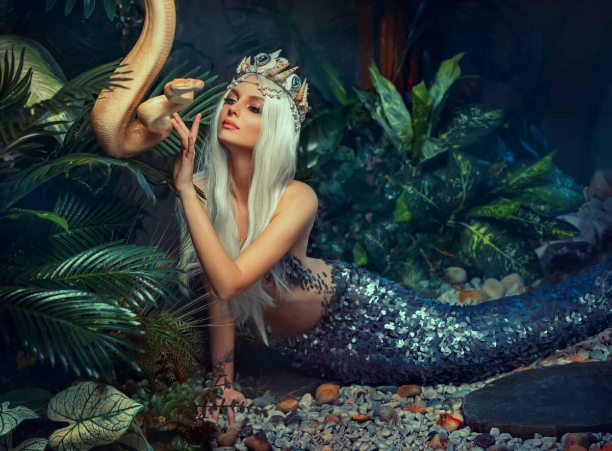 myth creature Nagga woman touches white milk Boa constrictor albino snake. Fantasy asp girl, blonde long hair, looks at serpent. Silver costume body tail of Lady viper. Backdrop green tropical plants.