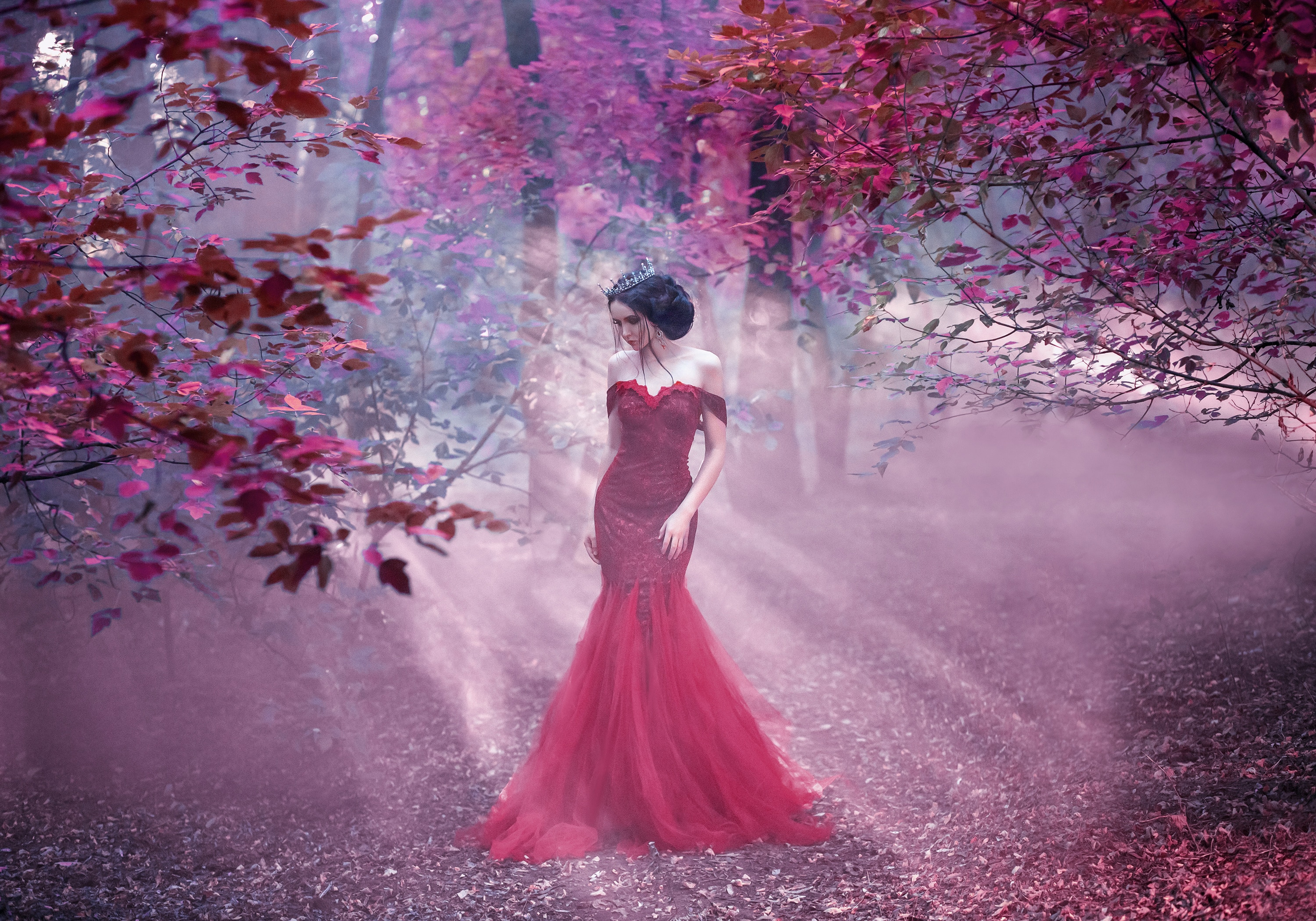Attractive girl in a red dress. Walk in the fairy forest. Artist