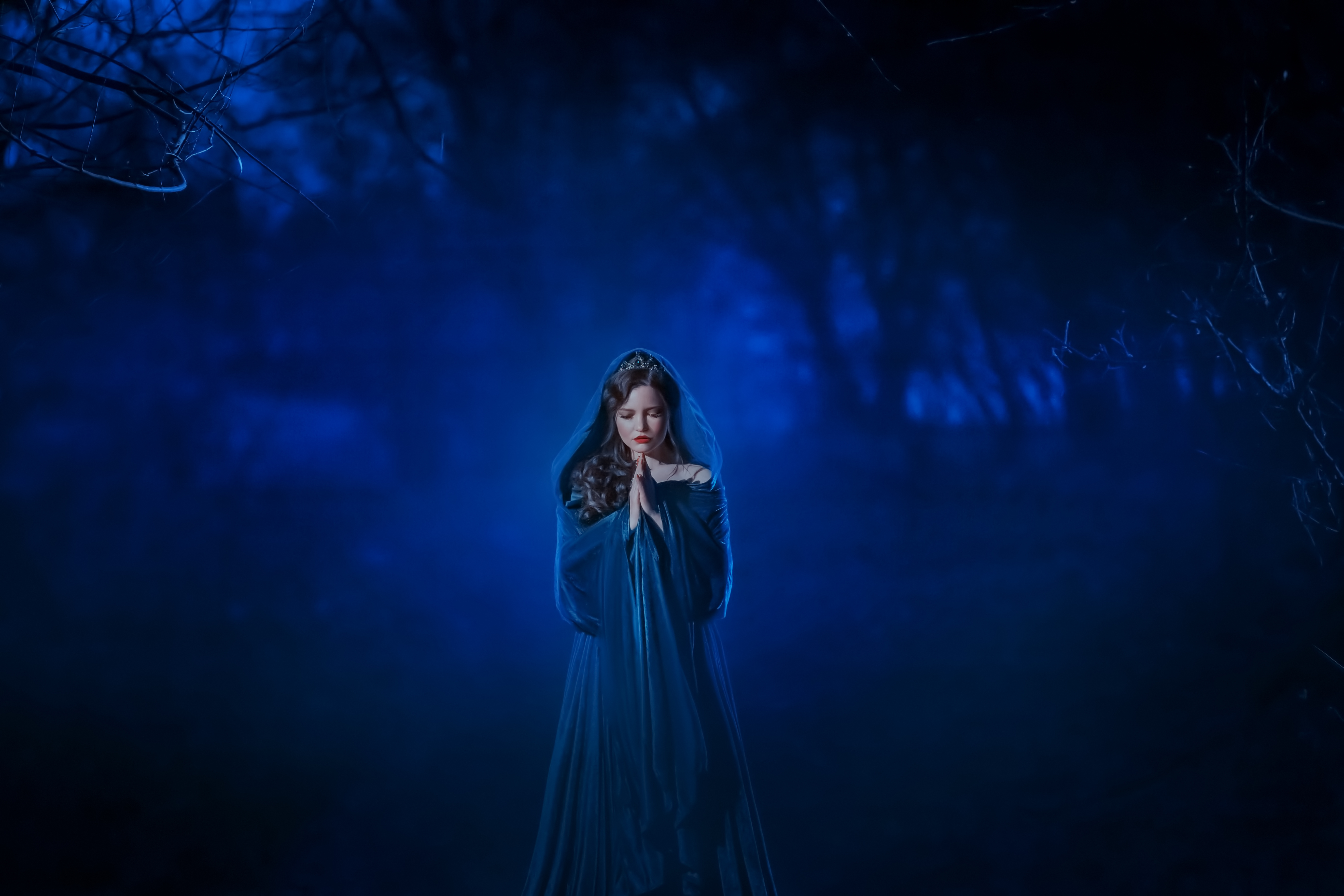 Art Mysterious woman ghost lady. blue dress cape hood. Fantasy queen stands in deep dark mystery forest scared face hands in pray. Frightened fear retro evil demon. holiday Halloween vampire costume