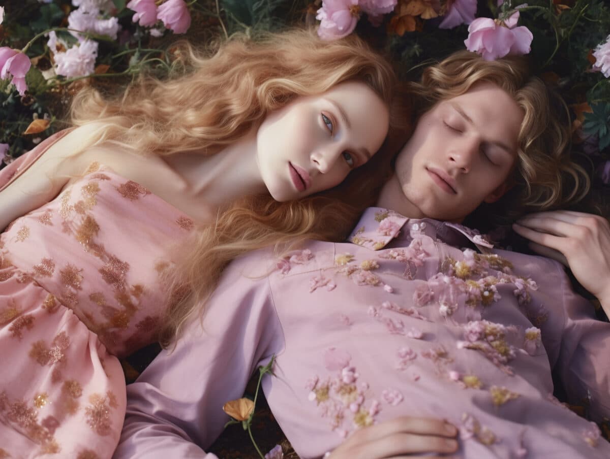 a couple dressed in pink lying head to head in a bed of pink flowers