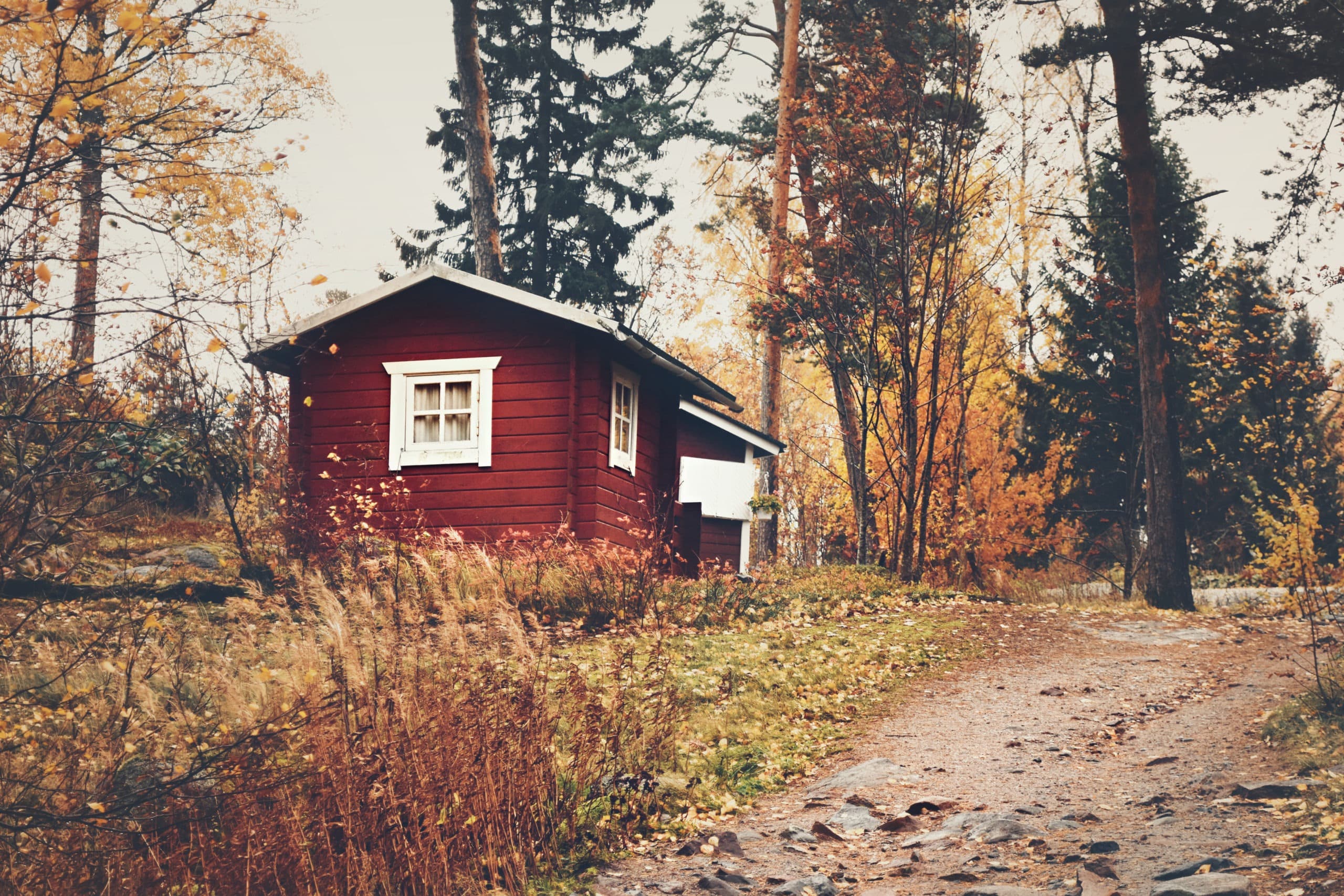 Red wooden house in orange autumn forest.