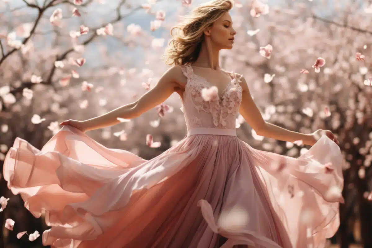 a flower nymph in a peach dress, peach blossom petals  floating in the wind