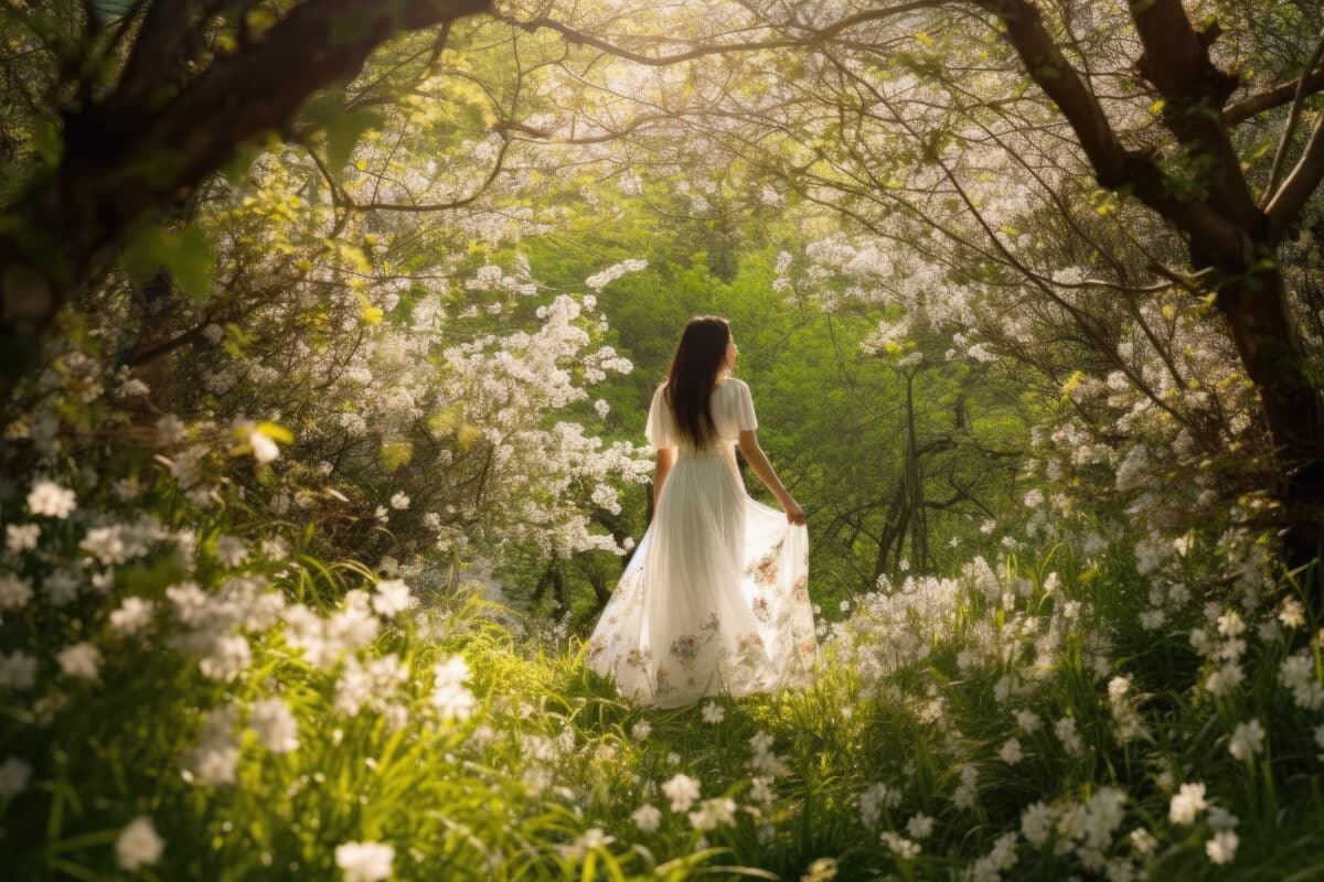 a beautiful lady in a magical forest with blooming white flowers on a sunny day