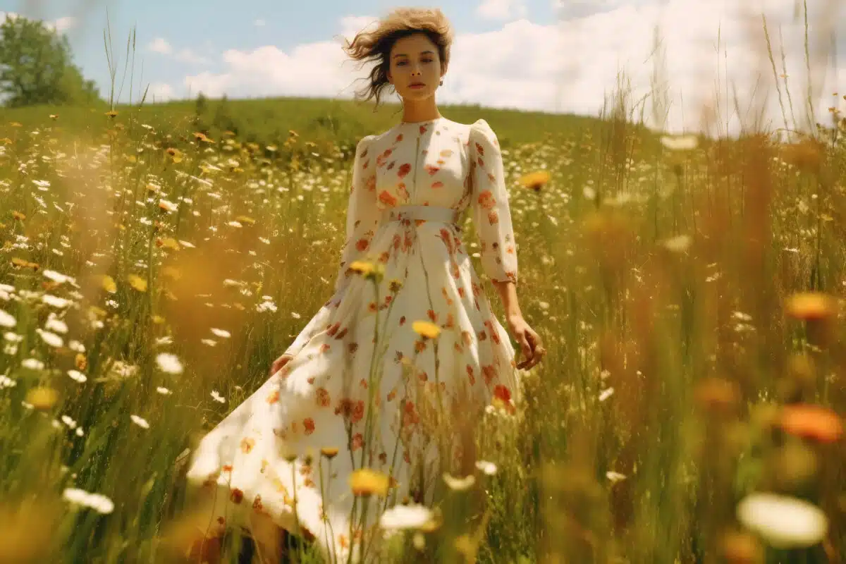 a romantic young beautiful lady in a field of fresh spring flowers at daylight