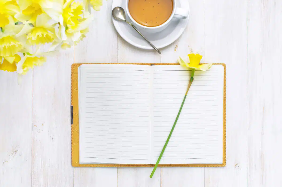 Top view Open notebook with blank pages Cup of Tea and Yellow Daffodils on Light Wooden Background. Still life, business, office supplies or education concept.