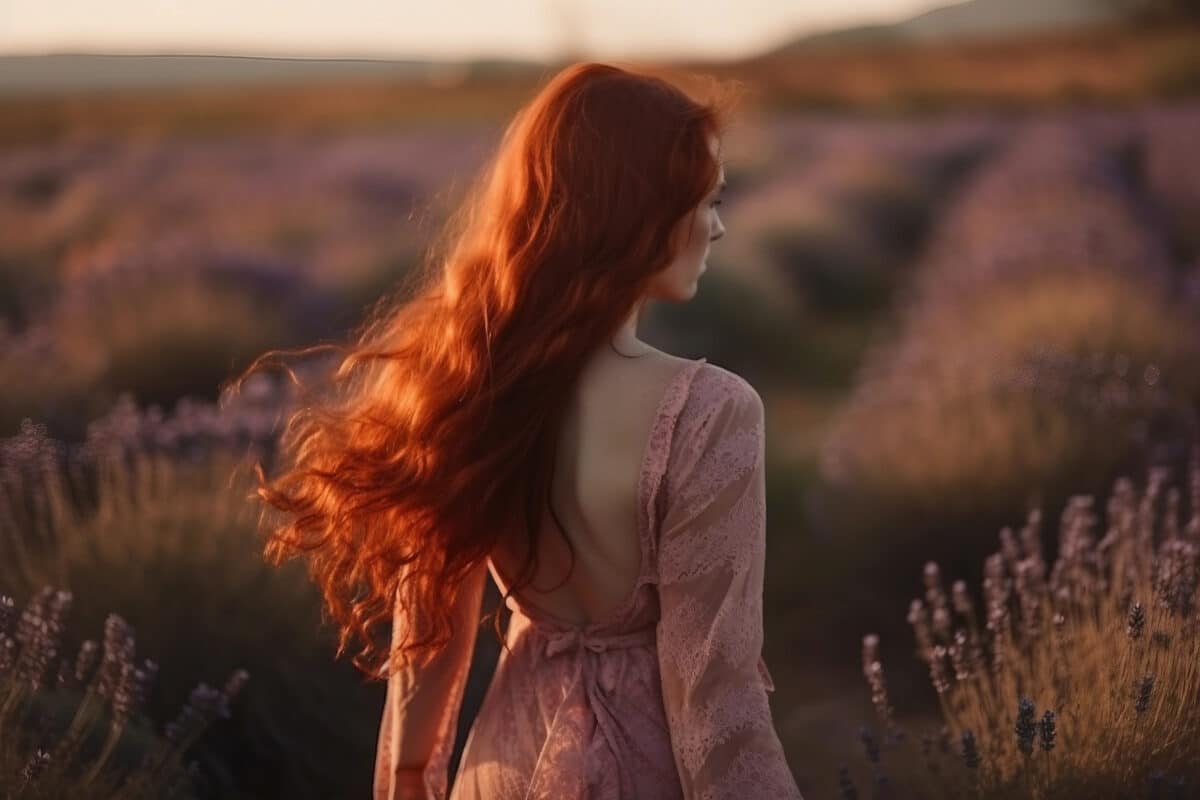 a beautiful woman with long red hair in a windy lavender field at sunset