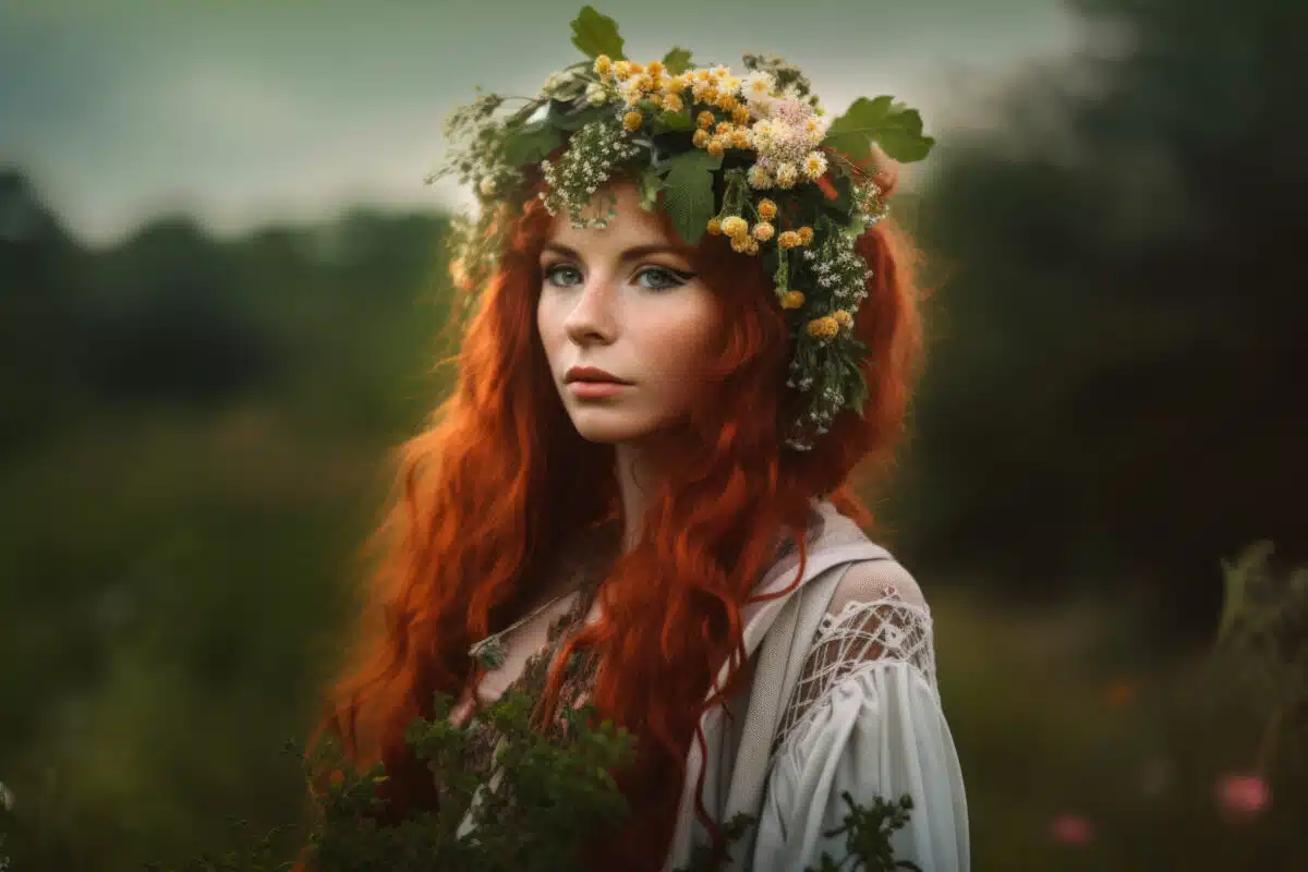 an enchanting celtic red haired woman with wildflowers in her hair