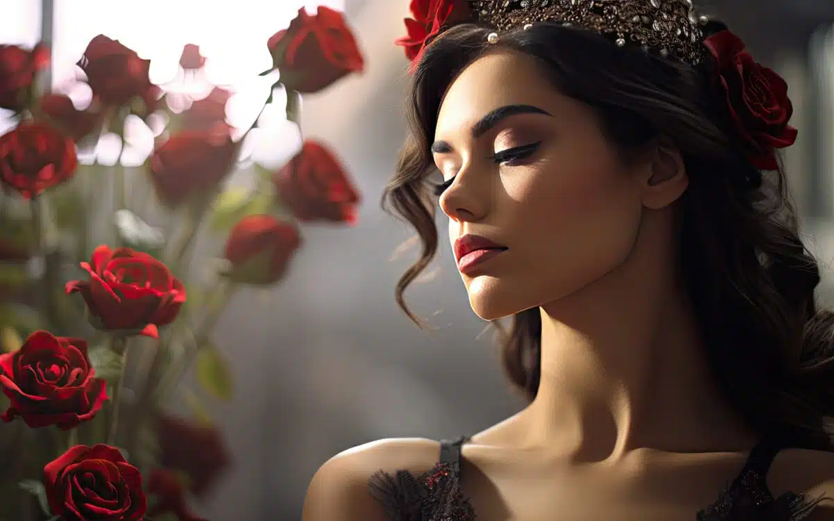 a stunning but melancholic lady with roses behind her