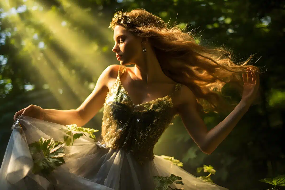 a beautiful young woman in a green dress in the forest on a sunny day