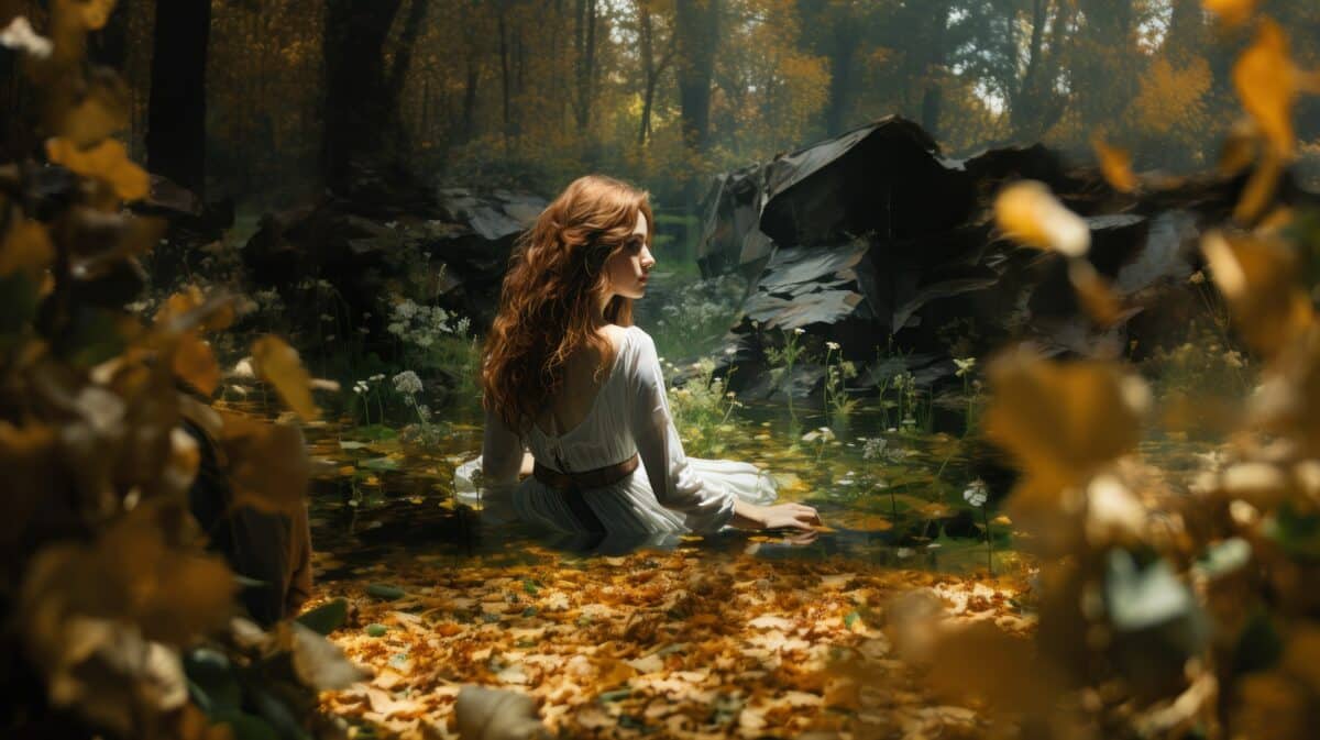 an enchanting red haired lady sitting in the woods in an elegant dress