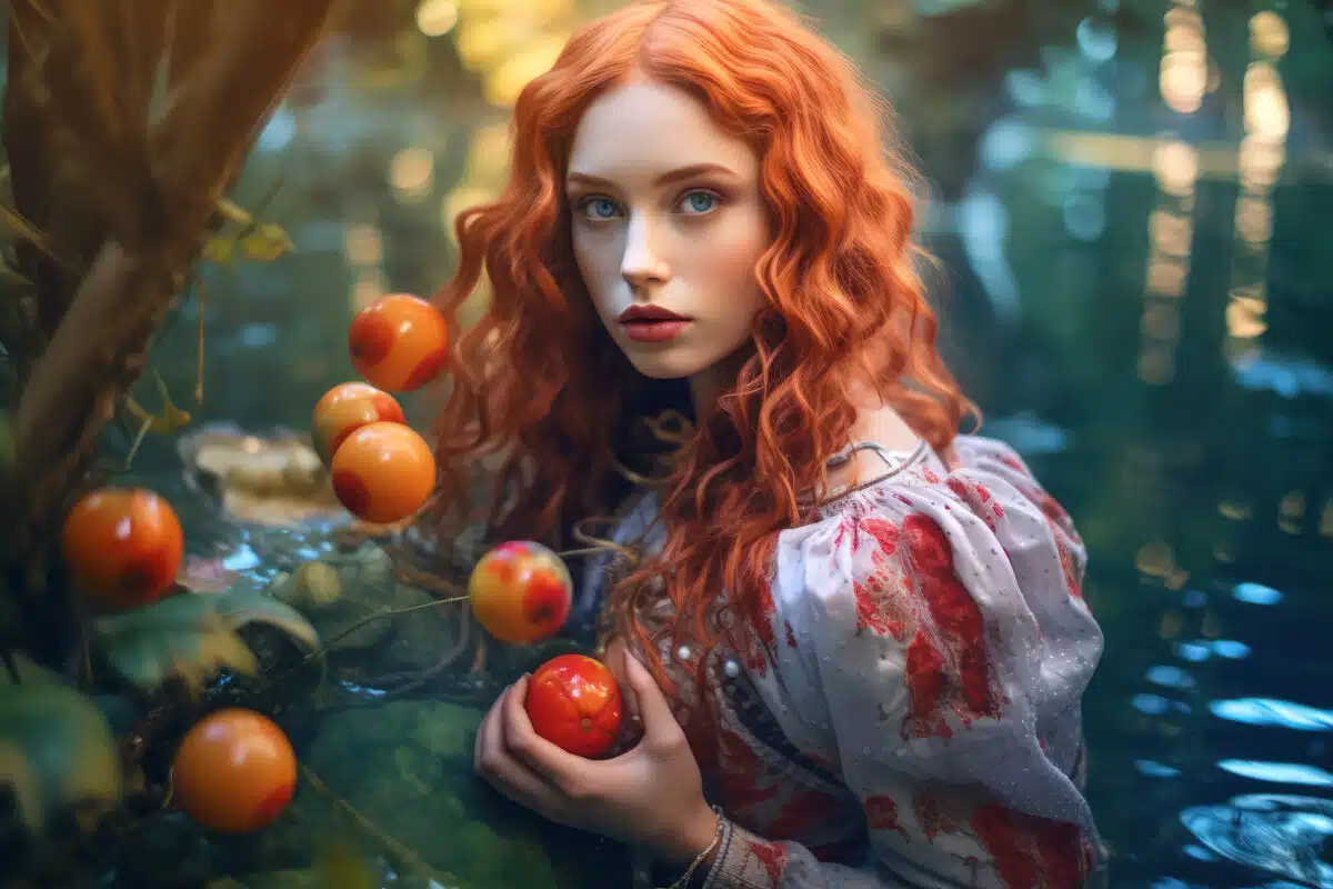 a red-haired princess in in the woods by the lake
