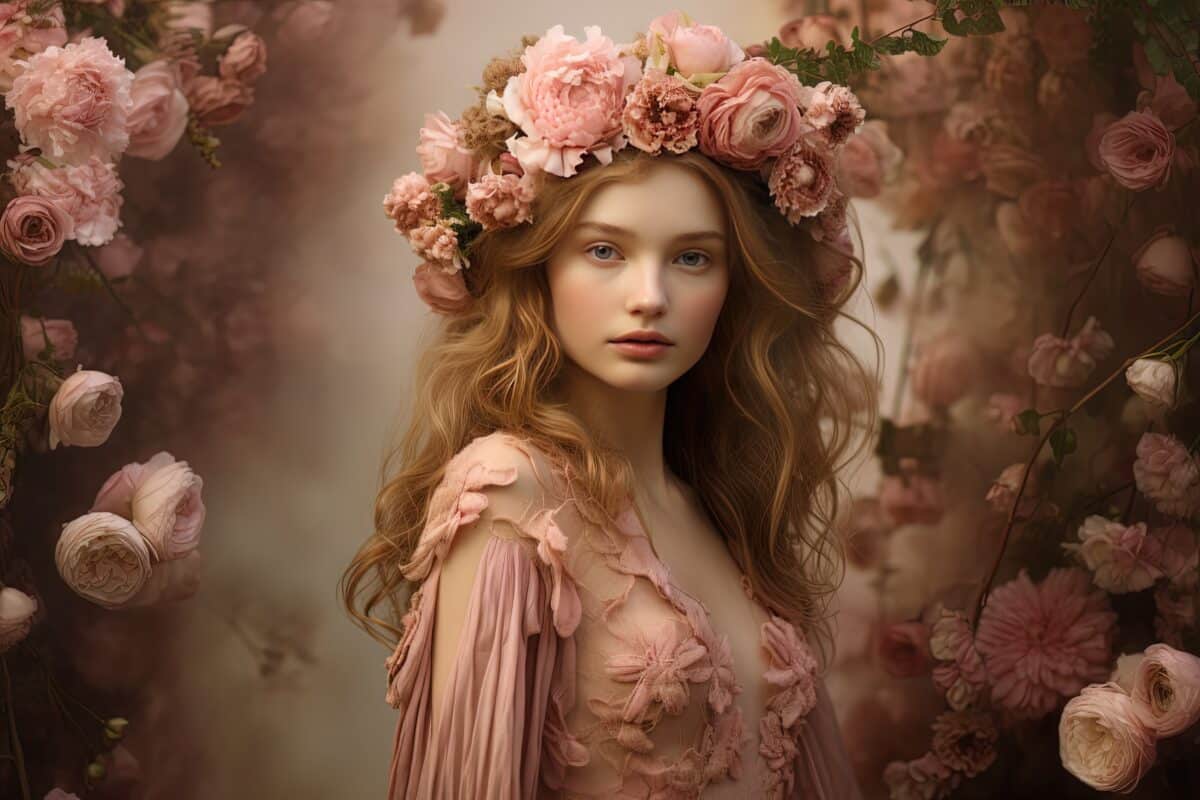 a pretty but melancholic woman walking in pink rose flower garden