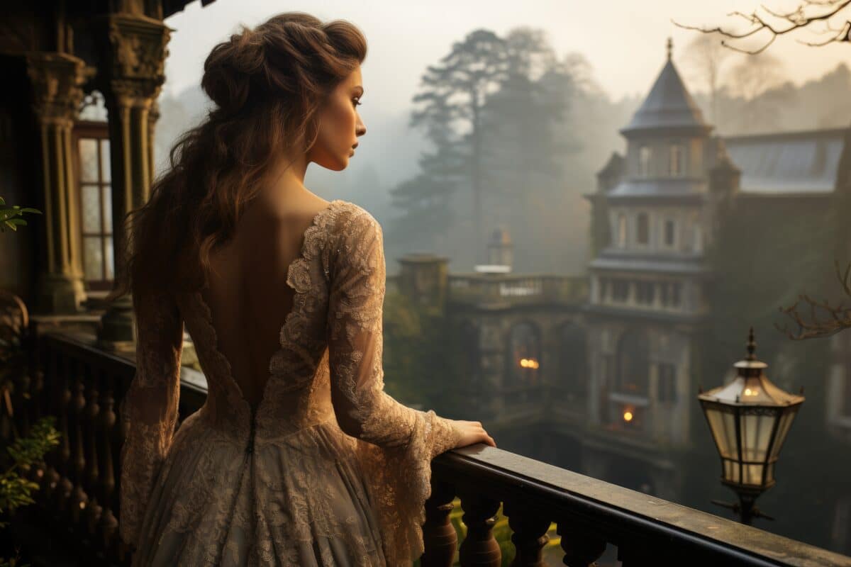 a melancholic Victorian lady gazes out over a misty landscape