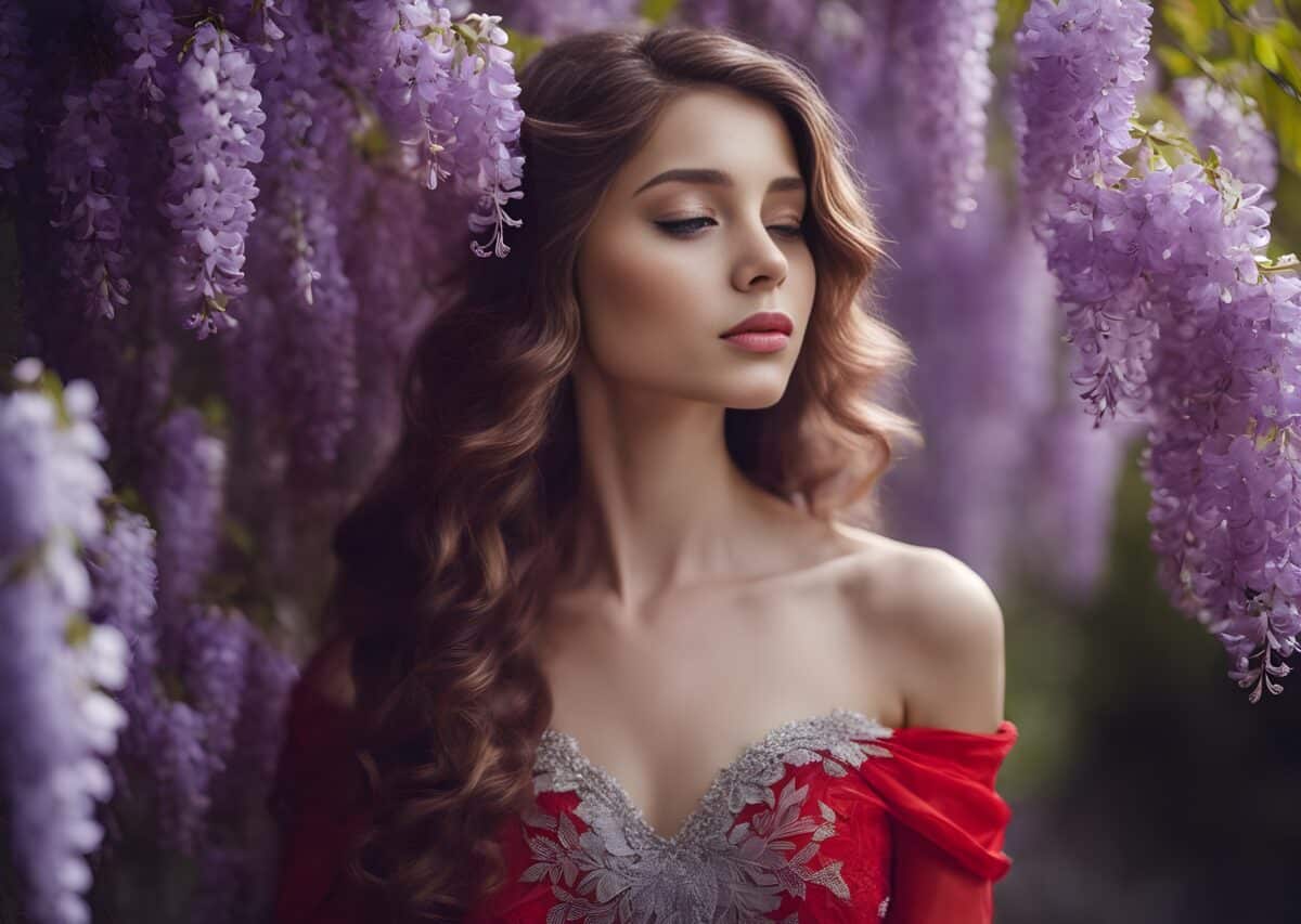 a pretty lady in a red dress standing near the purple wisteria flowers in the garden