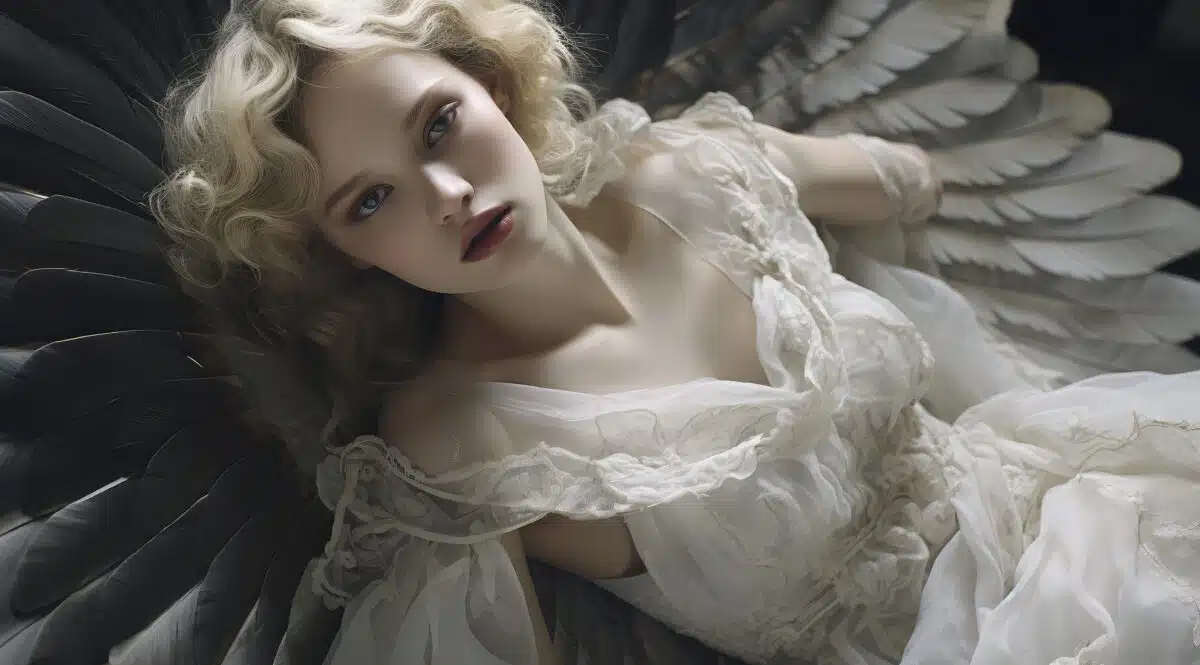 fierce-looking blonde female angel dressed in gorgeous white dress
