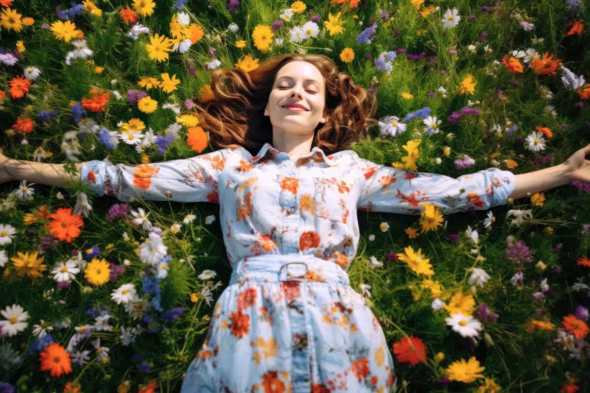 a beautiful and happy young woman lying in the field with daisy flowers
