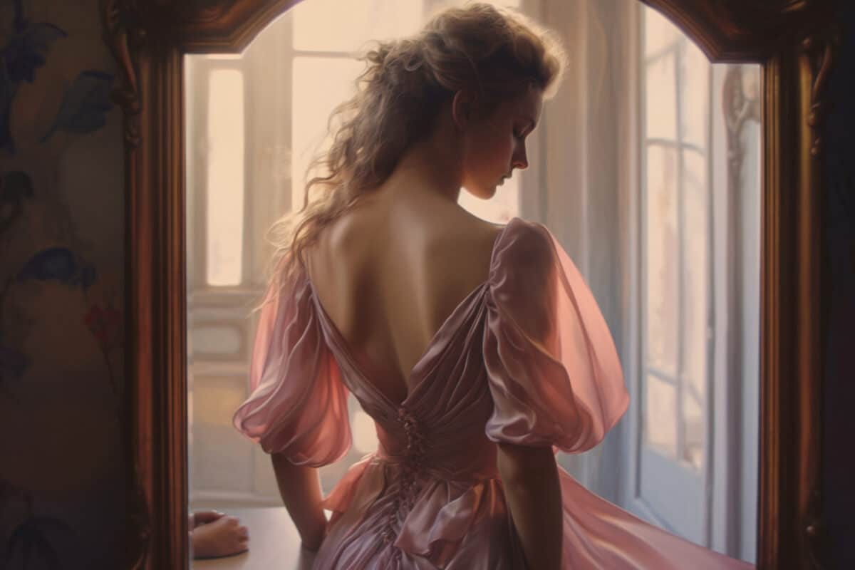 a melancholic lady in a pink dress standing by the window in a luxurious room