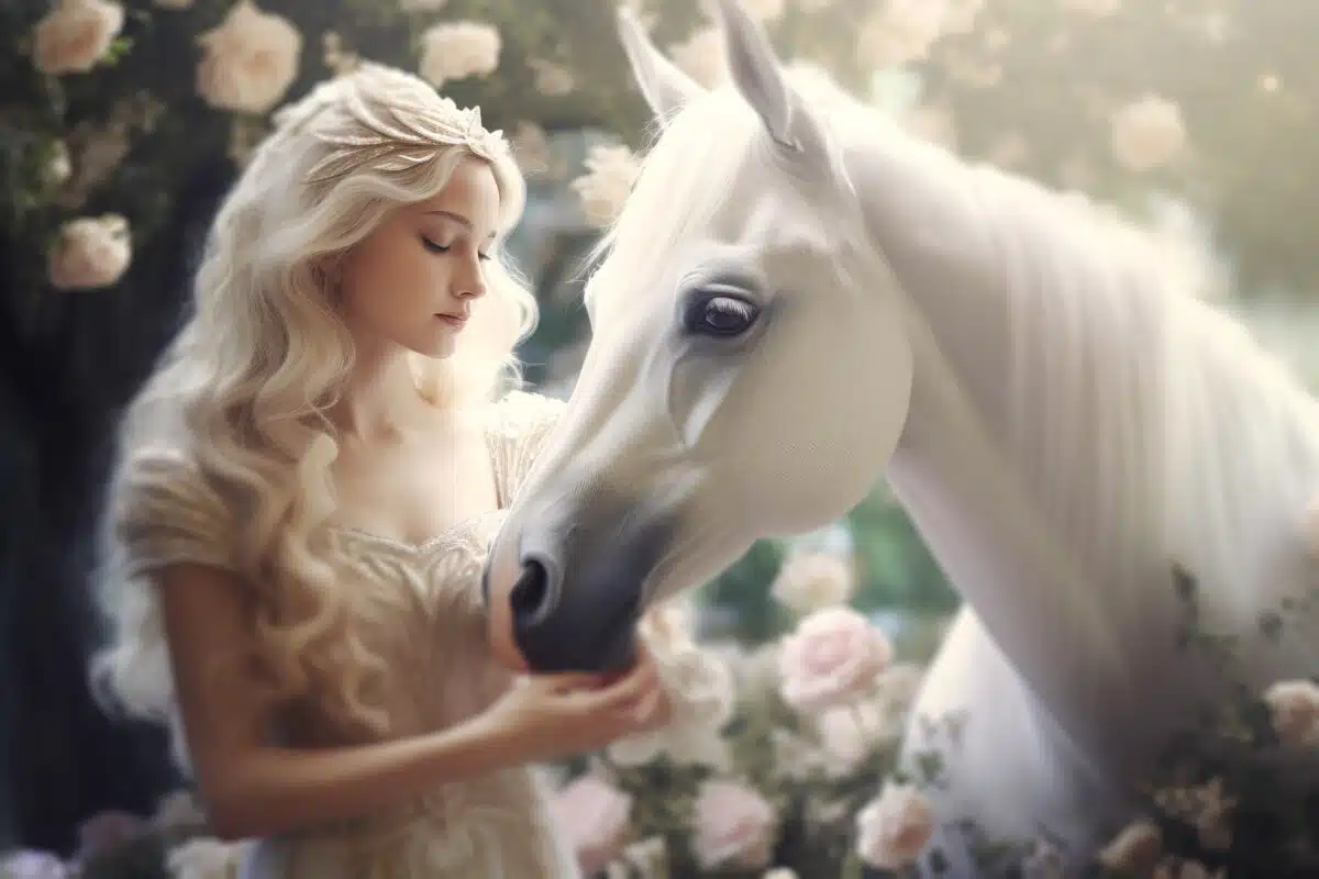 an enchanting maiden in a golden dress with her white horse in the rose garden
