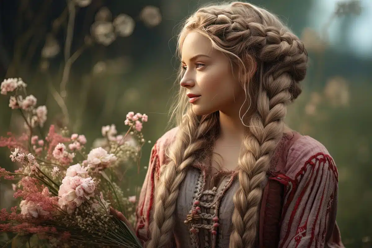 a pretty woman with braided hair wearing a medieval outfit is walking in flower meadow