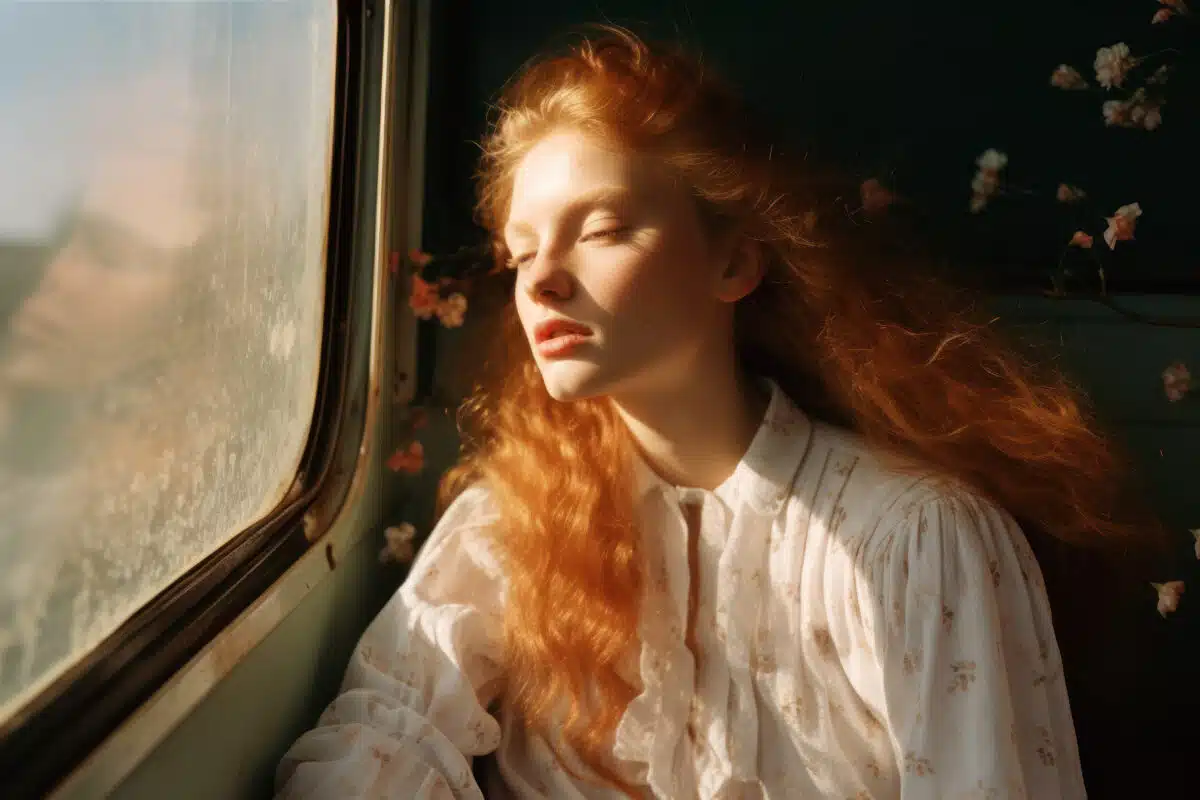 a stunning red haired woman sitting on a train by the window, eyes closed