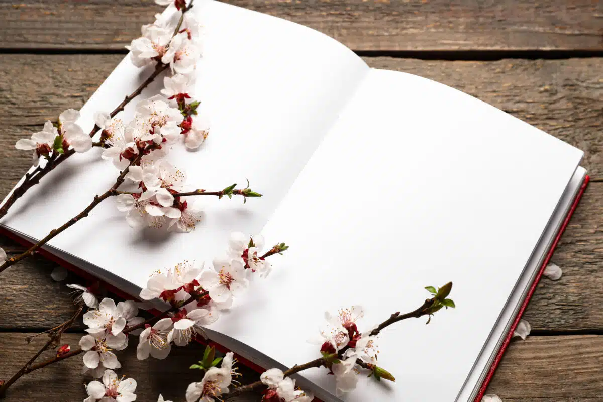 Beautiful blooming spring branches and open book with blank pages on wooden background