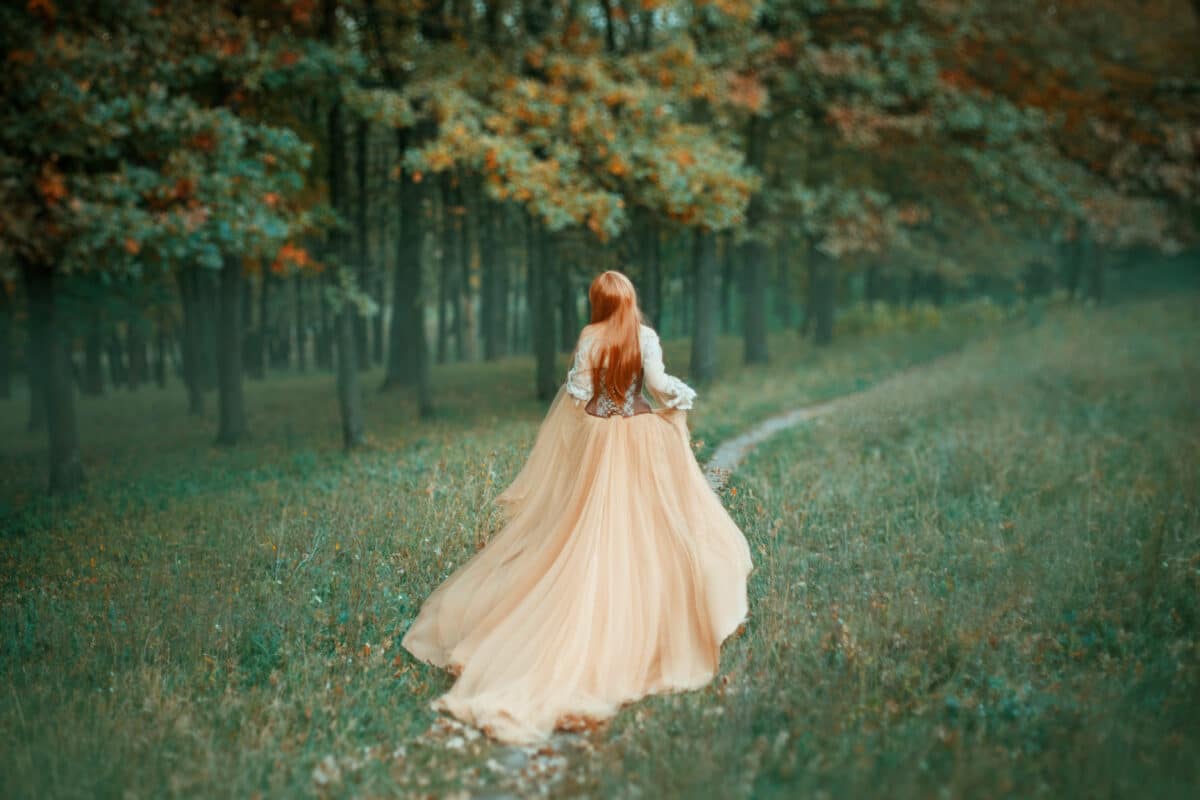mysterious lady in long light expensive luxury dress with long trailing train runs along forest path, new Cinderella tale, graceful princess runs away from ball, no face in photo with art processing