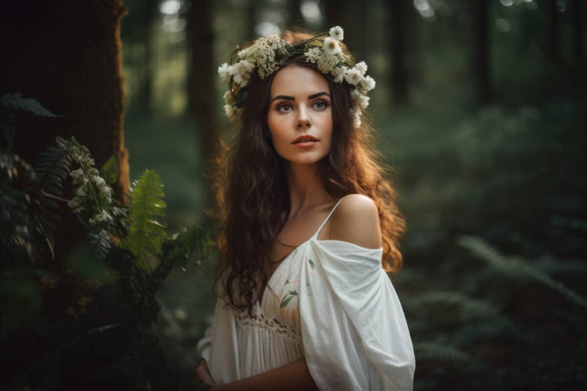 Enchanting beauty wearing a floral headband and a flowing white dress while standing amidst a lush green forest, generative ai