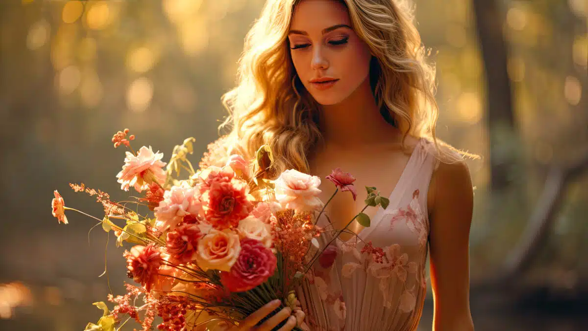 a young woman is holding a festive bouquet in her hands