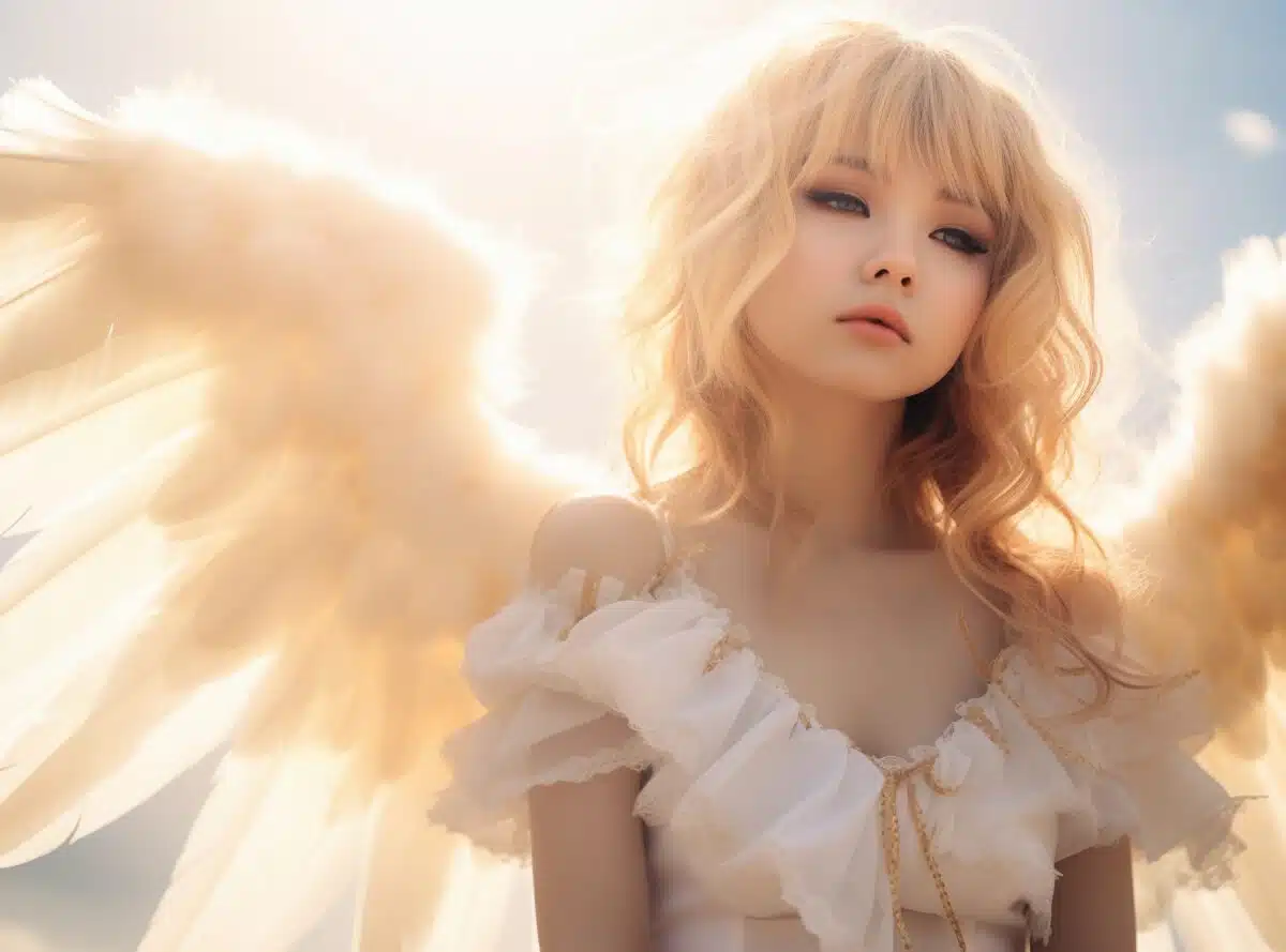 a blonde lady with angel wings surrounded by a bright light