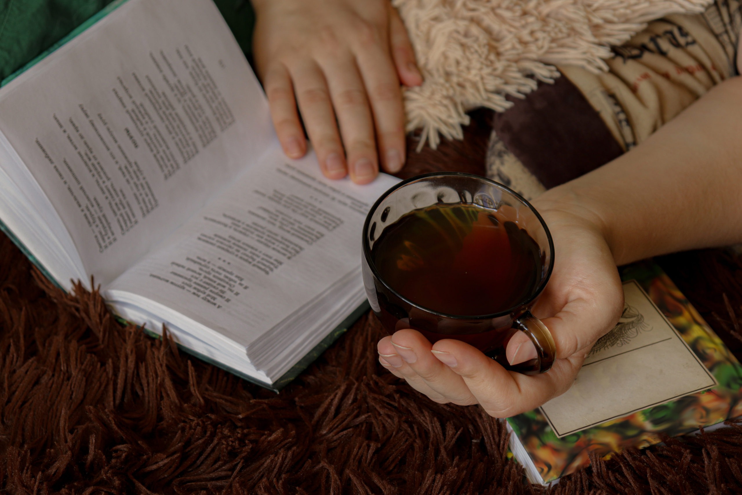 Cozy reading poetry books on a soft blanket with a cup of hot tea