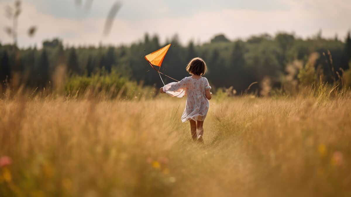 happy child with a kite running on the meadow 