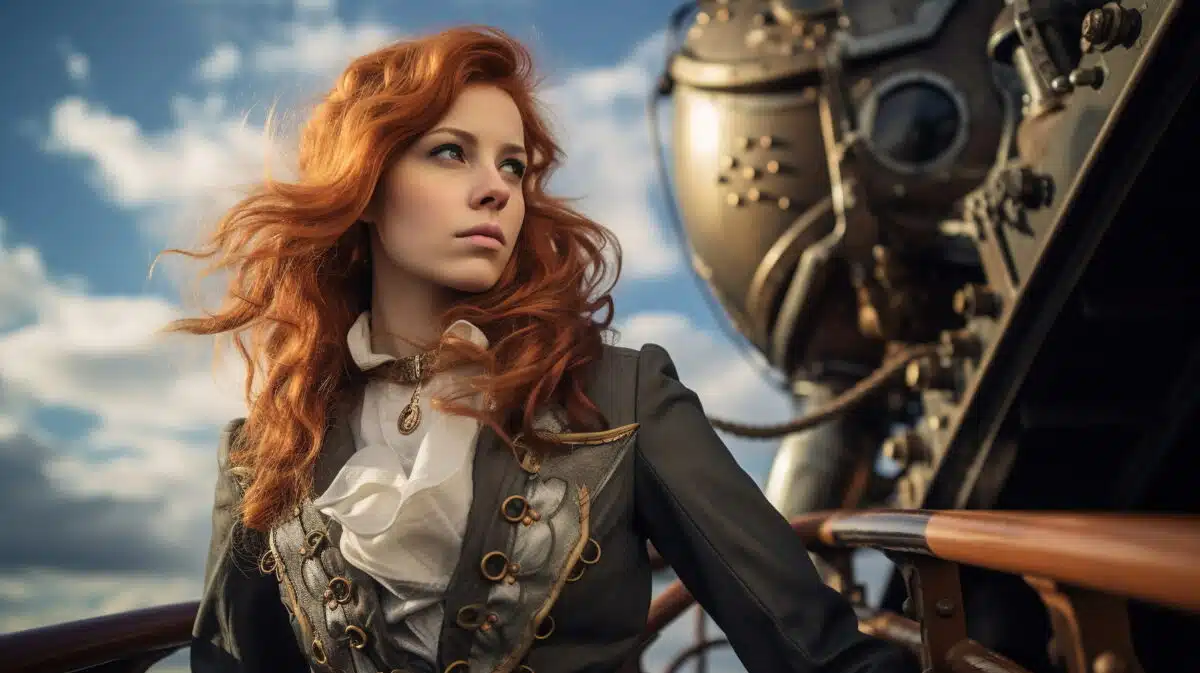 a fierce-looking woman in steampunk outfit standing by a machine outdoor