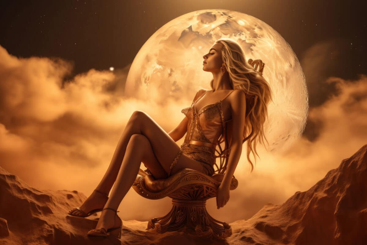Woman Sitting On Rock In Front Of Full Moon