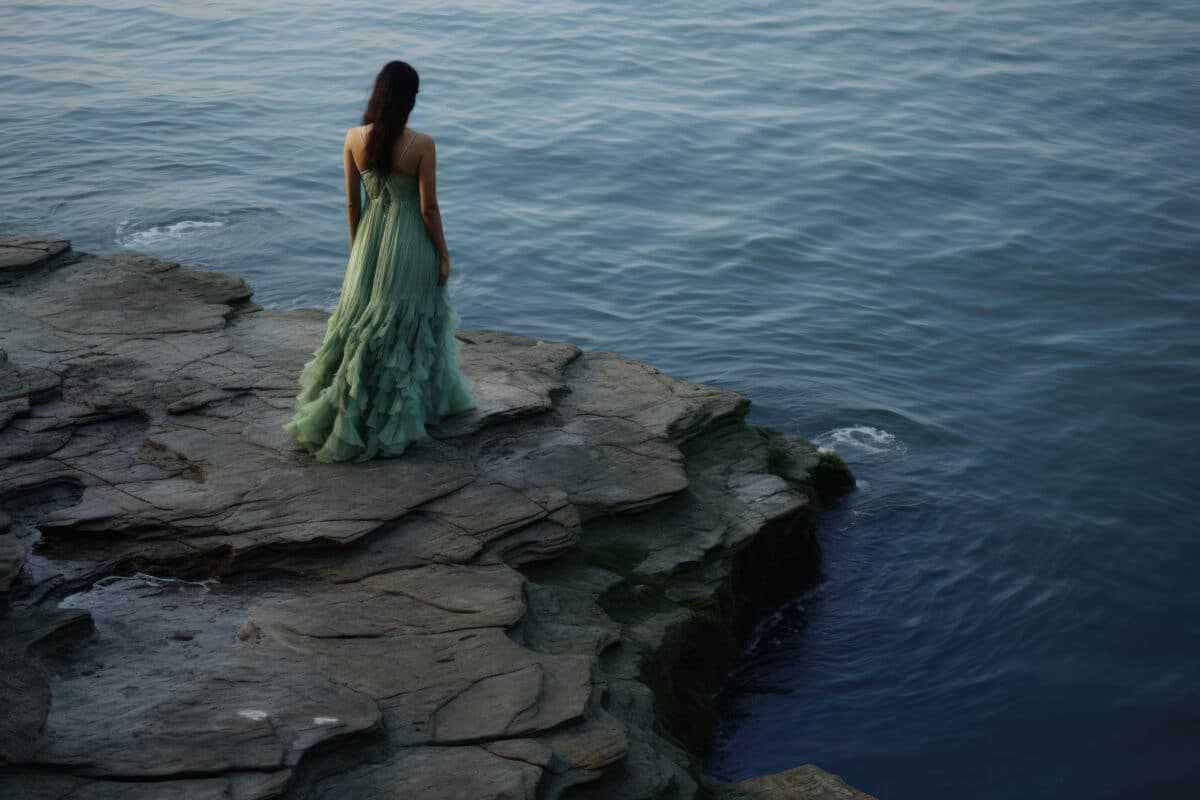 a melancholic woman wearing long flowing greed dress by the dark ocean