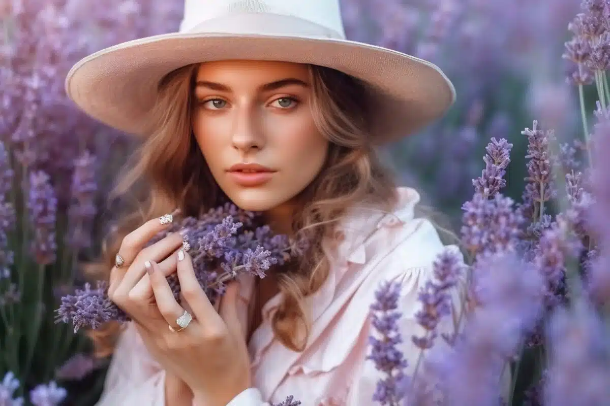 a young pretty woman with long hair and hat standing in a lavender field