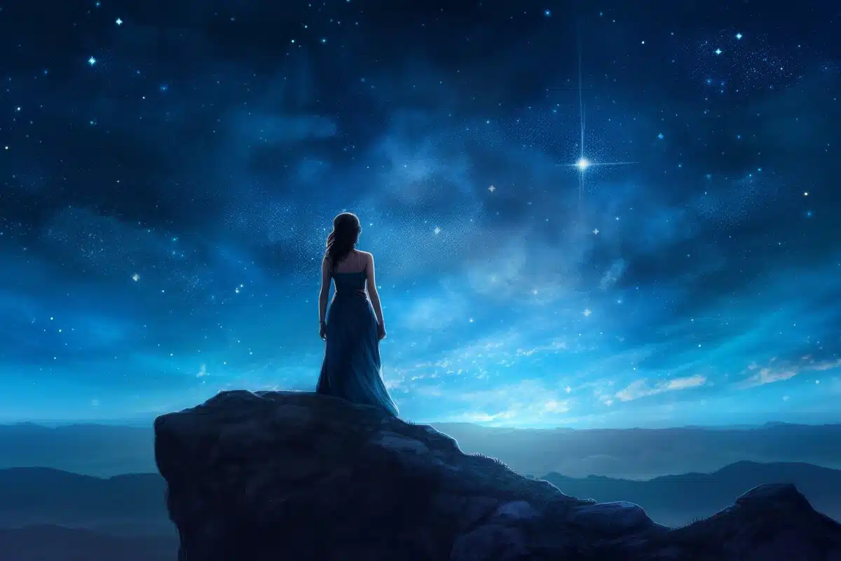a mysterious woman standing on a mountain looking at the stars in the night sky